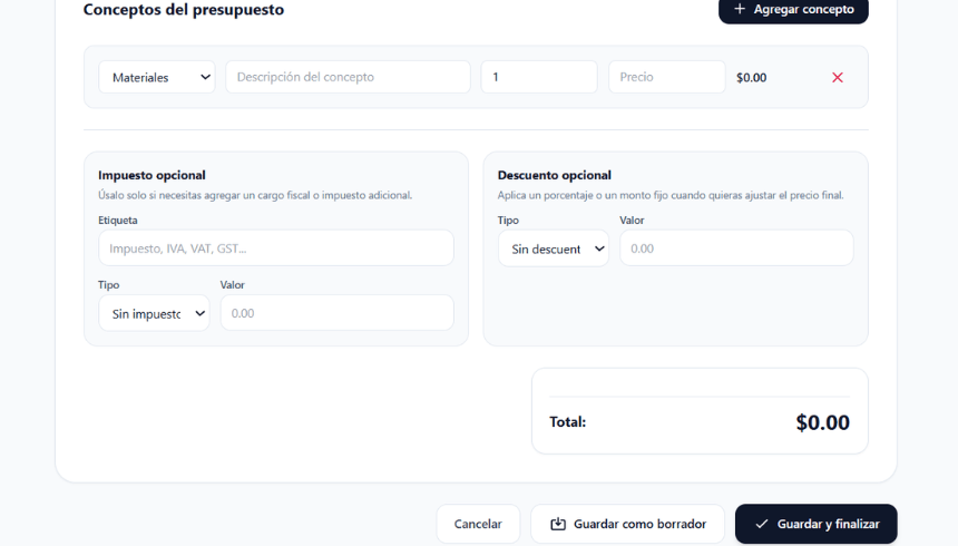 Formulario de presupuesto con conceptos