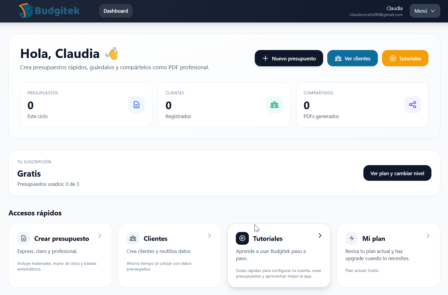 Panel principal con accesos rápidos